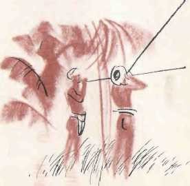 Illustration of two men with blow darts.