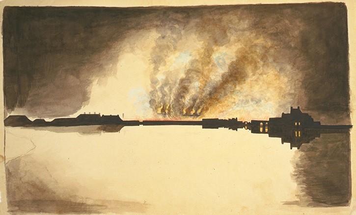 Waterfront fire probably burning of the Washington Navy Yard, 1814  painted by William Thornton (1759 - 1828)