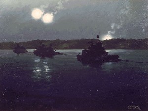 Three river patrol boats at night