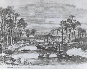 The Fight at Corney's Bridge Bayou Teche, Louisiana and the destruction of the rebel gunboat "Cotton", 14 January 1863.