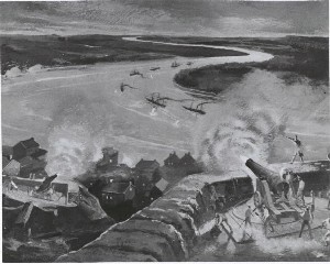 Painting "Farragut's fleet going down river, passing Vicksburg, batteries."