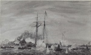 "American gunboats on Lake Borgne, Louisiana, under attack by boats from the British fleet, 14 December 1814." Water colour attributed to Warren, courtesy of the Mariners Museum, Newport News, Va., Bailey Collection #402. NHHC Photographic Section #NH 56785.