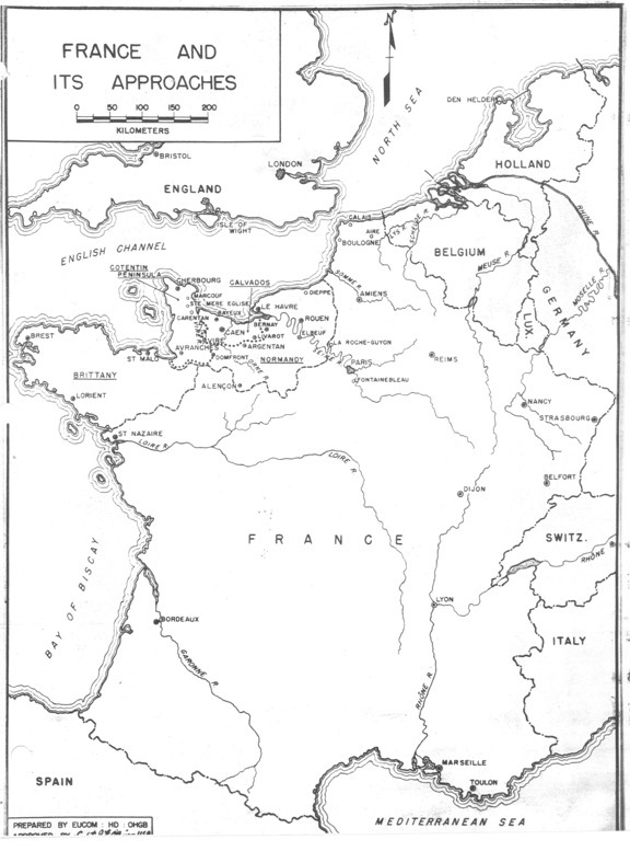 Map showing the approaches to France during World War II