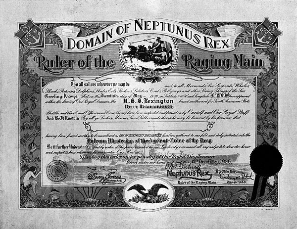 Image of a crossing the line certificate: Domain of Neptune Rex, Ruler of the Raging Main, for the USS Lexington.