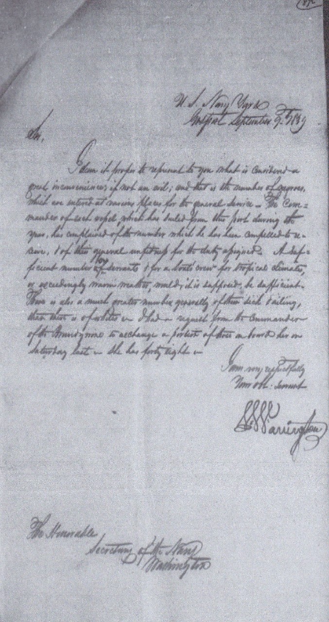 Gosport Navy Yard Lewis Warrington to Sec Nav Dated 9 September 1839