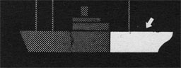 Silhouette of ship with arrow pointing at aft section.