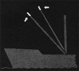 Drawing of a ship with two booms with their ends highlighed.