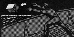 Drawing of a man heaving goods overboard.