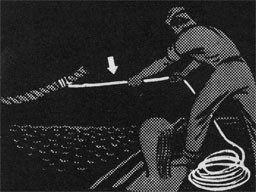 Drawing of a man pulling a large cable towards him using a messenger.