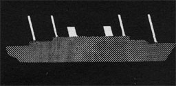 Silhouette of a ship with mast, funnels, etc. highlighted.