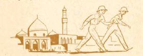 Image of 2 men walking outside a mosque