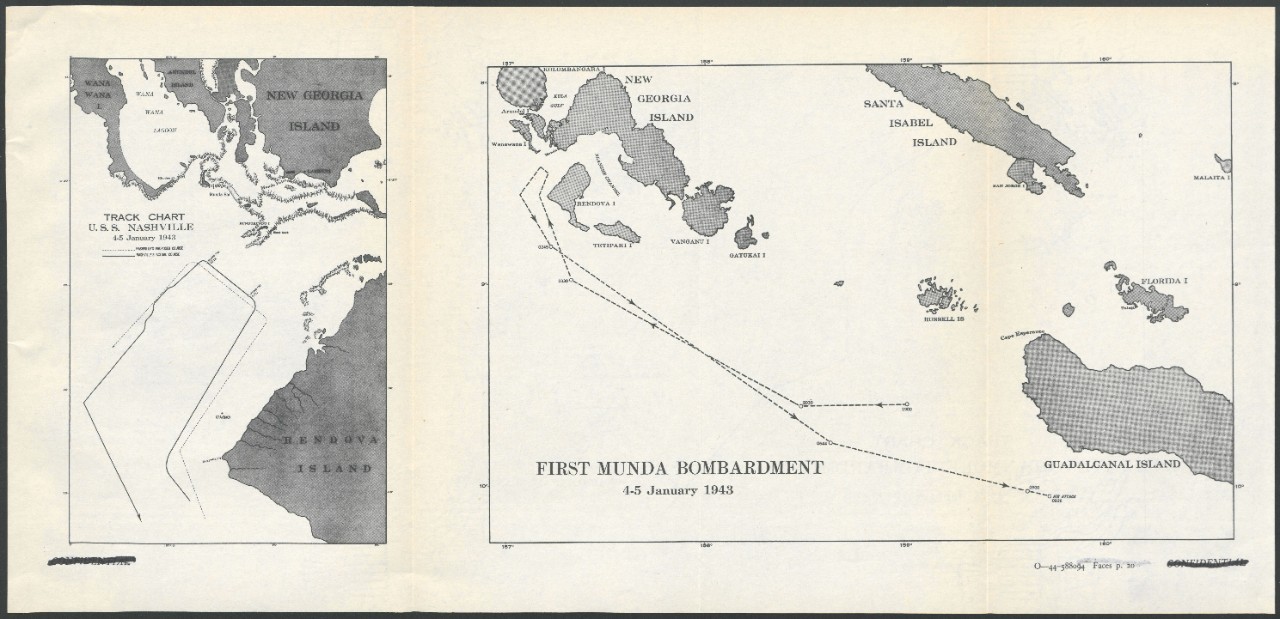 Track Chart U.S.S. Nashville, 4-5 January 1943; First Munda Bombardment, 4-5 January 1943