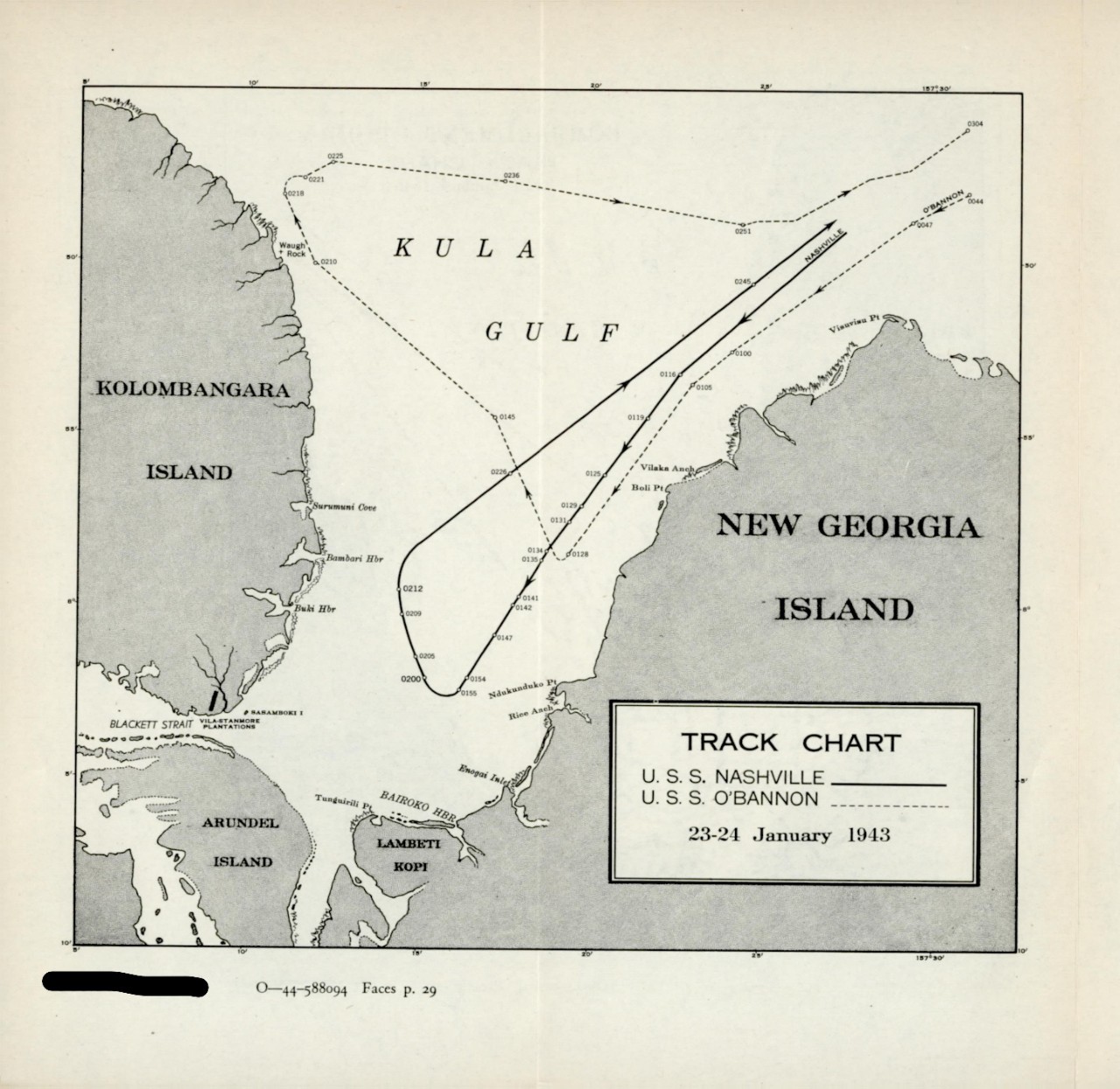Track Chart USS Nashville, USS O'Bannon, 23-24 January 1943