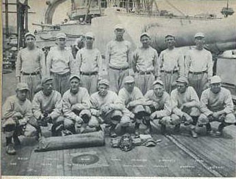 On deck - Baseball team, USS New Hampshire, 1918, poses for photo.