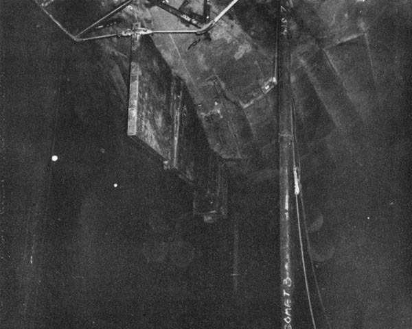 Photo 78: INTREPID (CV 11) Looking forward, showing jury rudder and method of rigging control cables.