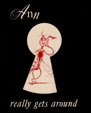 Caricature of Ann the misquito seen through a key hole.