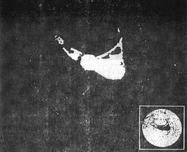 ACTUAL-SIZE PHOTOGRAPH of a radar "scope" taken in a plane flying over Nantucket Island.
