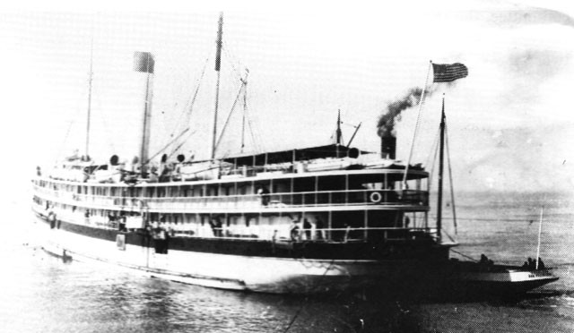 Image of USS Relief in San Francisco Bay on 2 August 1899 with 300 wounded soldiers from Manila on board. 