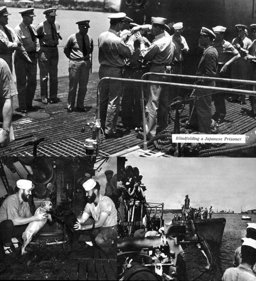 Three scenes aboard submarines - top: blindfolding a Japanese prisoner; bottom left: 2 sailors and dog; bottom right: film crew filming incoming submarine.