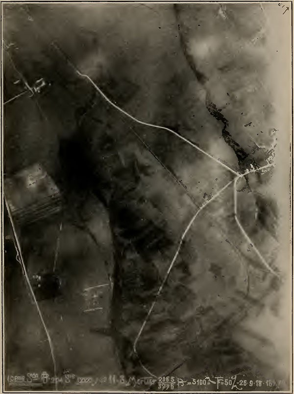 AIRPLANE VIEW OF RAILWAY JUNCTION AND AMMUNITION DUMPS AT MORTIERS; TARGET OF U. S. NAVAL BATTERY.