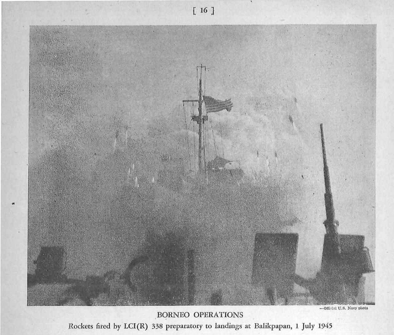 BORNEO OPERATIONS Rockets fired by LCI (R) 338 preparatory to landings at Balikpapan, 1 July 1945