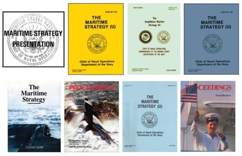 Image - various publication covers in a collage (Maritime Strategy Presentation, The Maritime Strategy, The Amphibious Warfare Strategy and Proceedings)