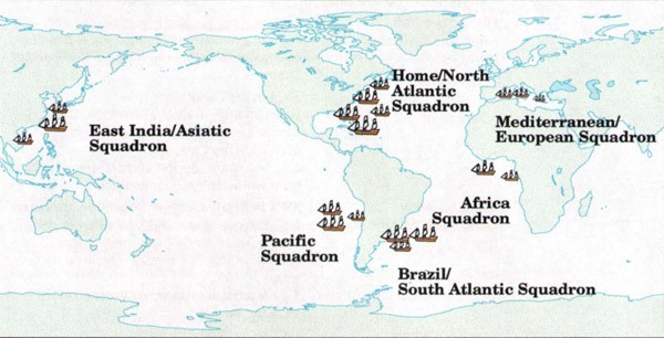 Image of world map with US Navy deployment, 1841-1860 and 1865-1898