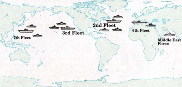 Image of world map showing US Navy deployment, 1973-1989