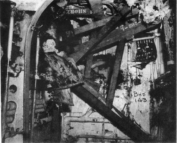 Hit #4. A view, looking aft, of same patch as shown in preceding photograph.