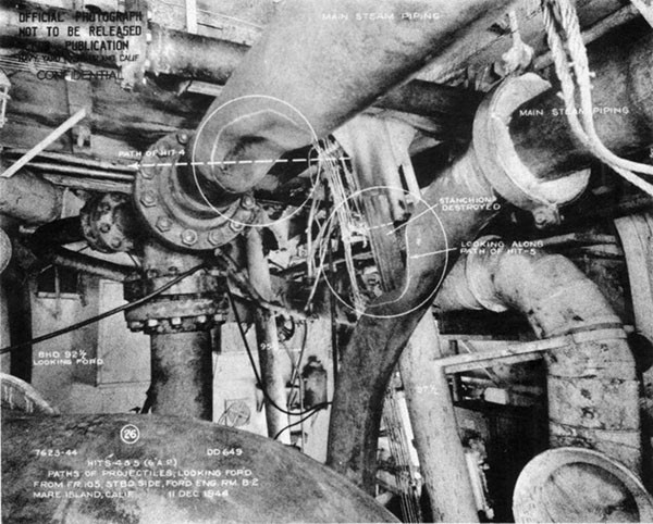 Hits 4 and 5, showing dents in main steam piping in the forward engineroom caused by direct impact of 6-inch AP projectiles.