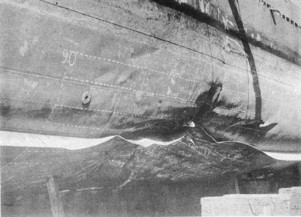 SHUBRICK (DD639) View of port side looking aft in way of bomb damage. Taken in dock at Malta.