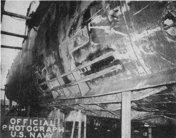 HUGH W. HADLEY (DD774). Starboard side from about frame 90 aft showing temporary repairs installed in ARD28 by ZANIAH personnel. Note depth and length of external longitudinals.