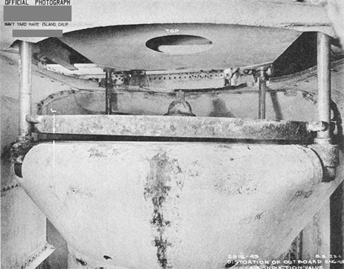 Photo 5-16: KINGFISH (SS234). View showing distortion of engine air induction outboard mushroom valve due to bent valve stem.