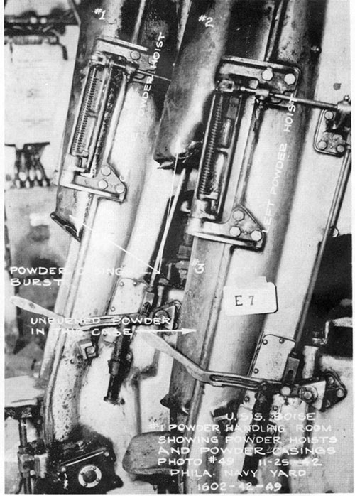 Photo 18: Lower handling room of turret I showing open ends of powder hoists with powder cartridges still in hoists. Note that powder burned out of No. 1 and No. 2 cartridges but not No. 3. No. 2 cartridge was apparently forced down over No. 3 by pressure from powder burning above it in the hoist.