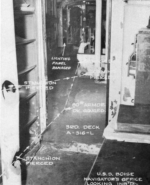 Photo 5: Viewed from starboard side in Navigator's office and showing approximate paths of projectiles.