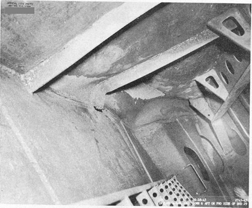Photo F-20: Second near-miss. Tank A-6-W looking down and aft on forward side of bulkhead 29.
