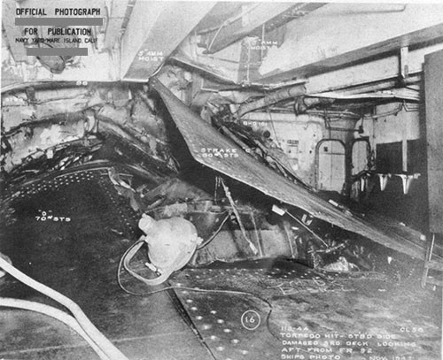 Photo 28: Compartment B-316-L looking aft. Note failure of riveted scarfed connections of 2-inch STS deck.