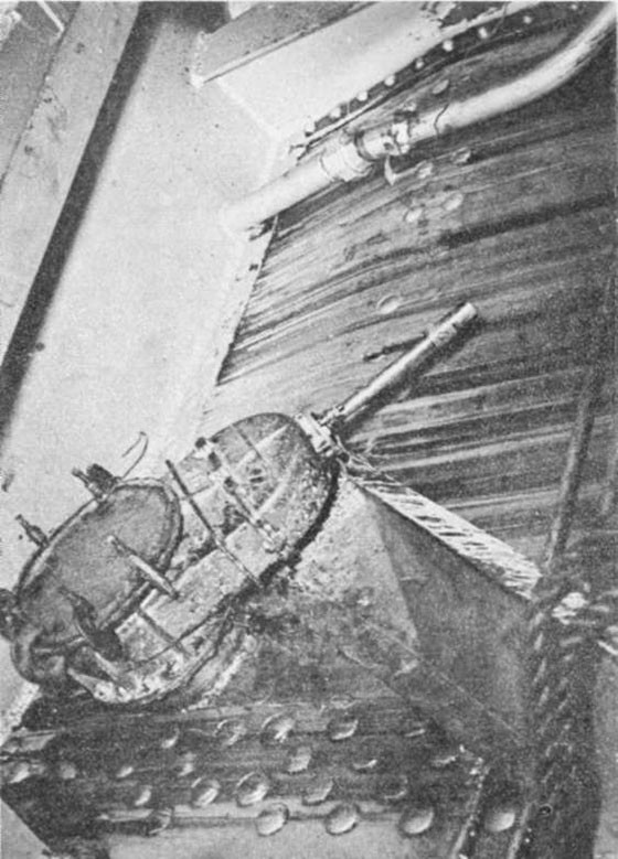 Photo 29. Blanked-off ventilation valve at frame 46 on port side of powder circle outer bulkhead (turret stool) just below first platform deck level. Leakage was carried by trough and drained to pump room bilges.