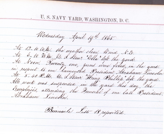 Image of the April 19, 1865 station log entry noting the funeral of President Abraham Lincoln.