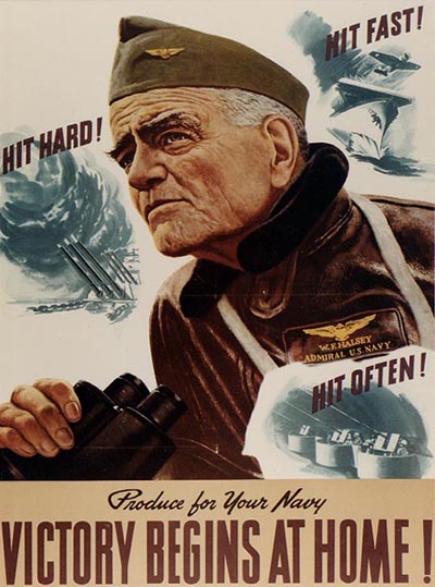 'Victory Begins at Home!' Production incentive poster produced for the Incentive Division, Navy Department, by the Einson-Freeman Company, Inc., New York, during World War II. It features Admiral William F. Halsey, USN, and encouragement to 