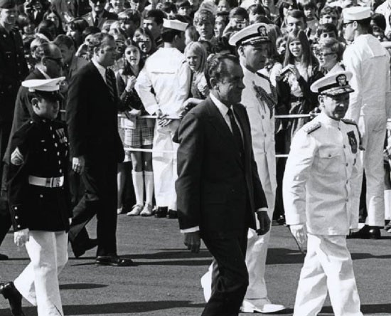 Naples, Italy. President Richard M. Nixon, accompanied by Adm. Horacio Rivero, Commander in Chief, Allied Forces Southern Europe, arrives to review the Italian troops, US Marine Honor Guards and the Mounted Carabinieri Forces during his two day visit to Italy. Naval Hisotry & Heritage Command, Photographic Section.