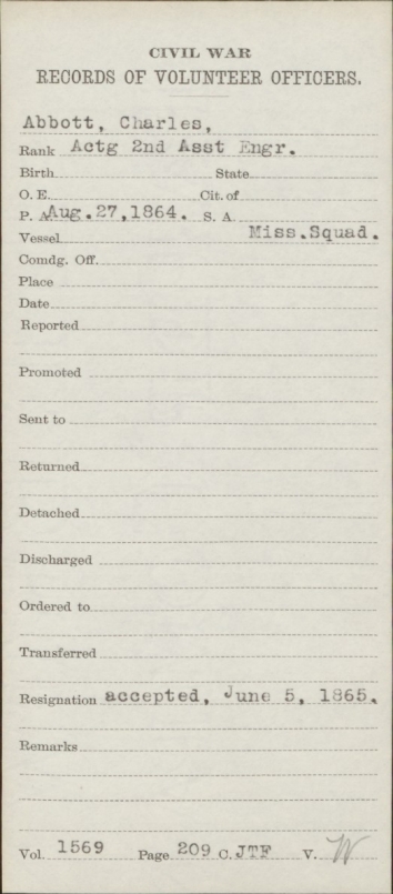 Abbott, Charles C - Civil War Record Resignation June 1864.tif