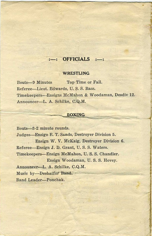 Program Boxing and Wrestling Eliminations, Squadron Four, Destroyers, Battle Force, Held on Board the USS Melville, Friday October 21, 1932 at 7:00 P.M.
