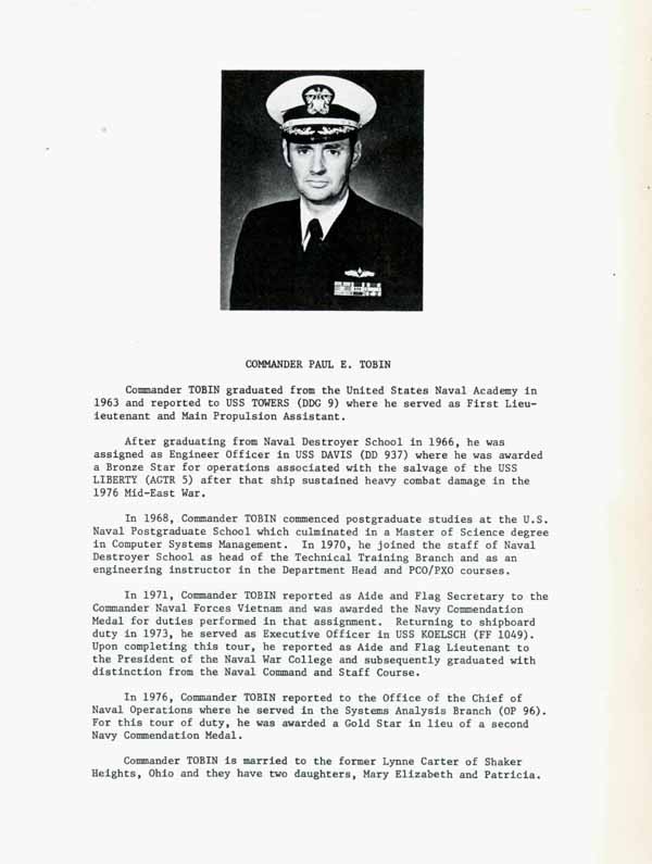 Image of 3rd page of brochure - biography of Commander Paul E. Tobin