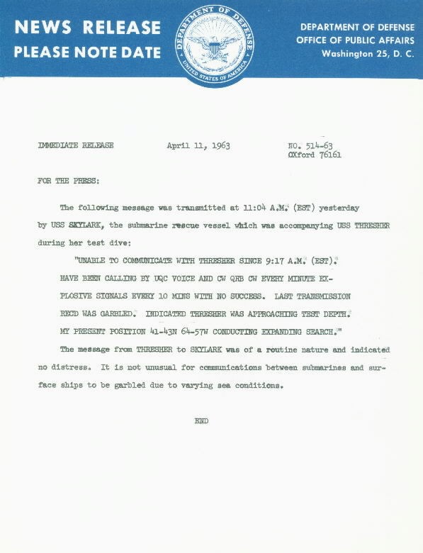 Image of USS Thresher News Release 11 April 1963