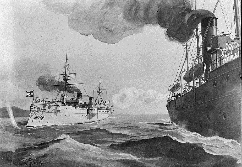An engraving of the revenue cutter McCulloch firing a shot across the bow of the German ship Irene.