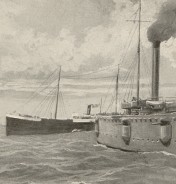 An engraving of the USS Nashville capturing the Spanish ship Buena Ventura.