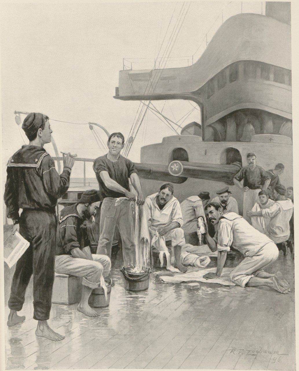 Rufus F.  Zogbaum's artistic rendition of sailors washing the decks.