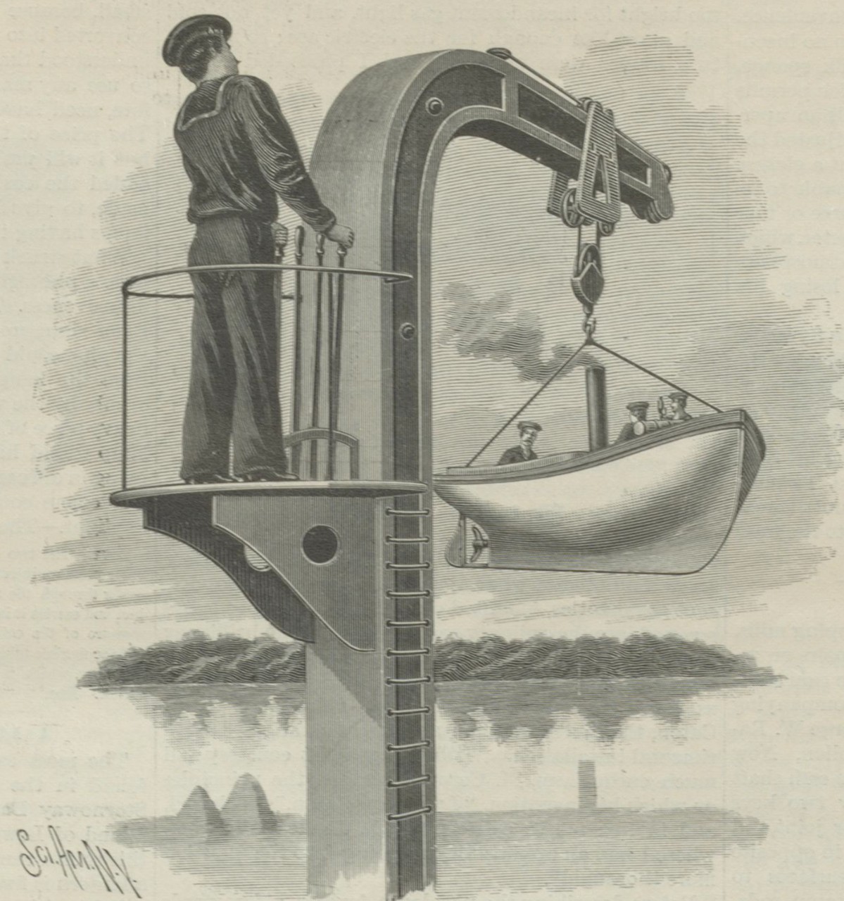 An engraving of sailors placing a steam launch in the water with a crane.