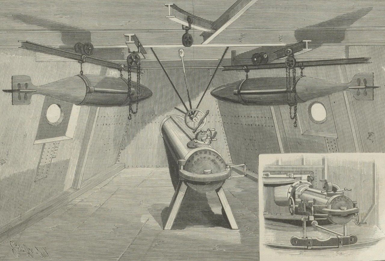 An engraving of a bow torpedo room in a ship.